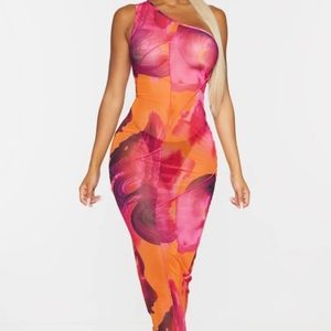 PLT Shape Pink Swirl Print Sheer Mesh Overlock One Shoulder Midi Dress